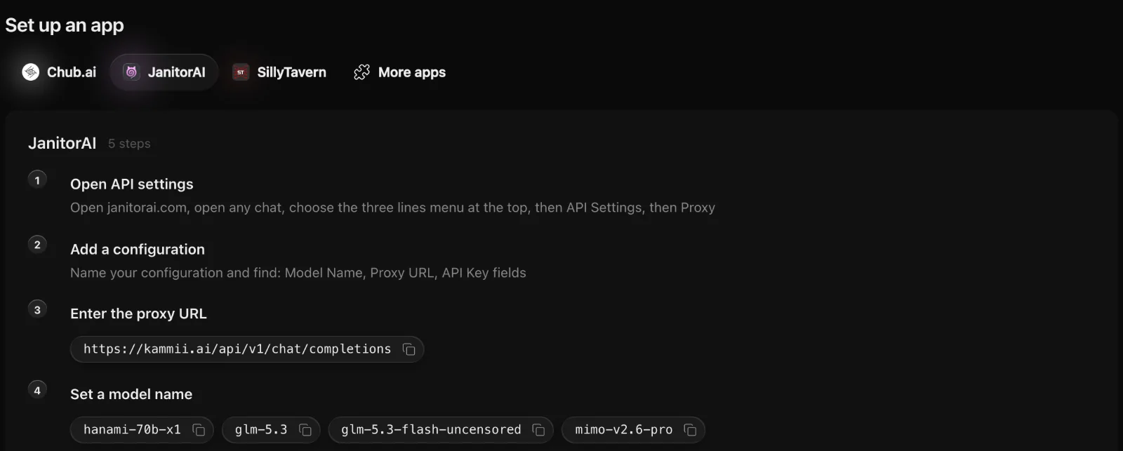 The Set up an app screen in the Kyrune API dashboard, with the proxy URL and model names